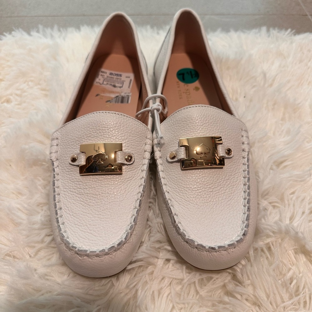 Kate Spade White Leather Loafers with Gold Accent